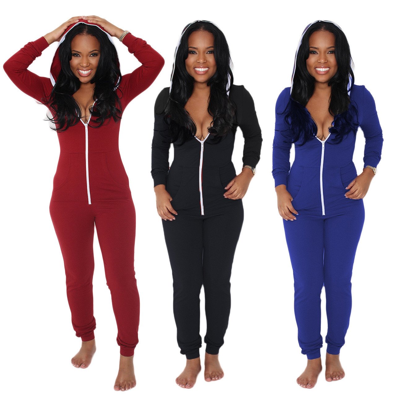 Long Sleeve Front Zipper Double Pockets Hoodie Long Jumpsuit