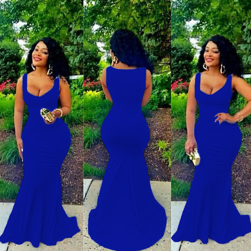 V-neck Sleeveless Solid Bodycon Mermaid Floor-length Dress - May Your Fashion - 4