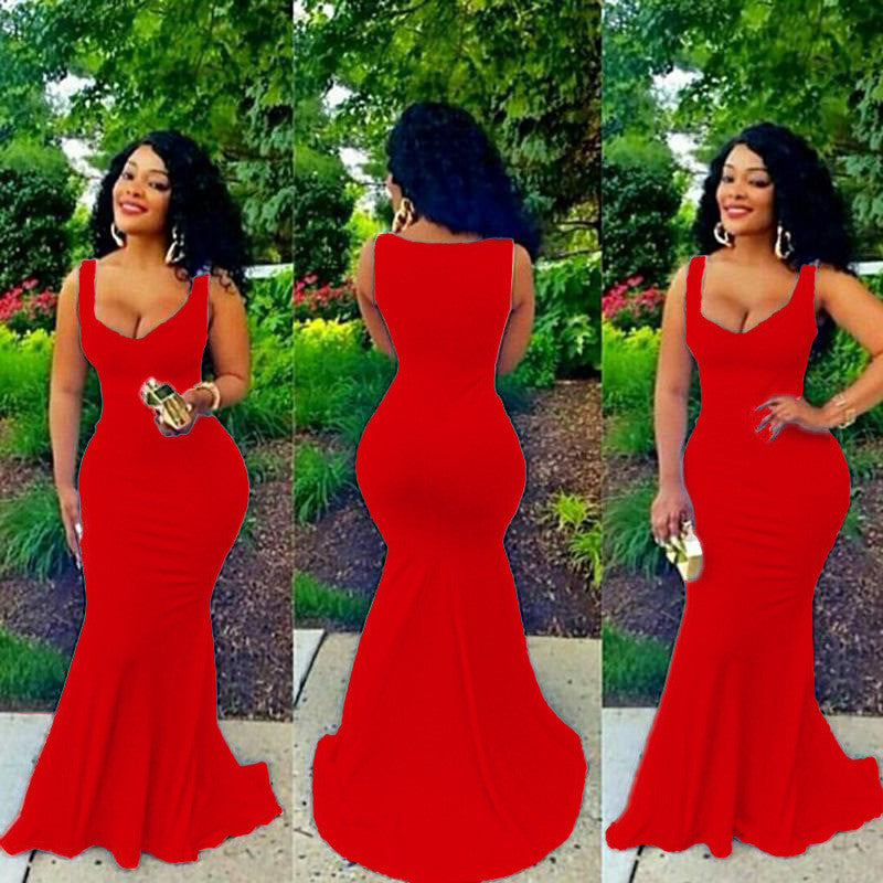V-neck Sleeveless Solid Bodycon Mermaid Floor-length Dress - May Your Fashion - 5