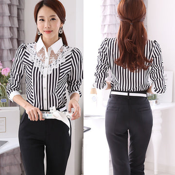 Turn-down Collar Long Sleeves Plus Size Striped Lace Patchwork Blouse