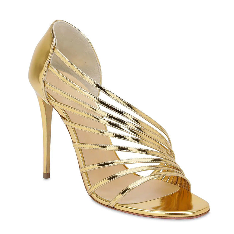 Champagne Patent Leather Cutout Open Toe High Heel Sandals
