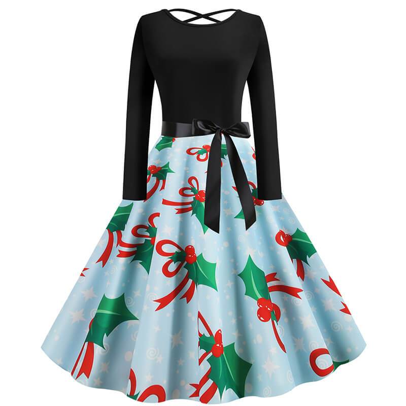 Christmas Print Crossed Back A Line Dress