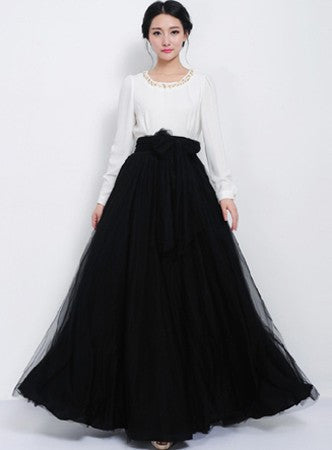 Pure Color Multi-Layer Mesh Long Skirt With Lace Belt