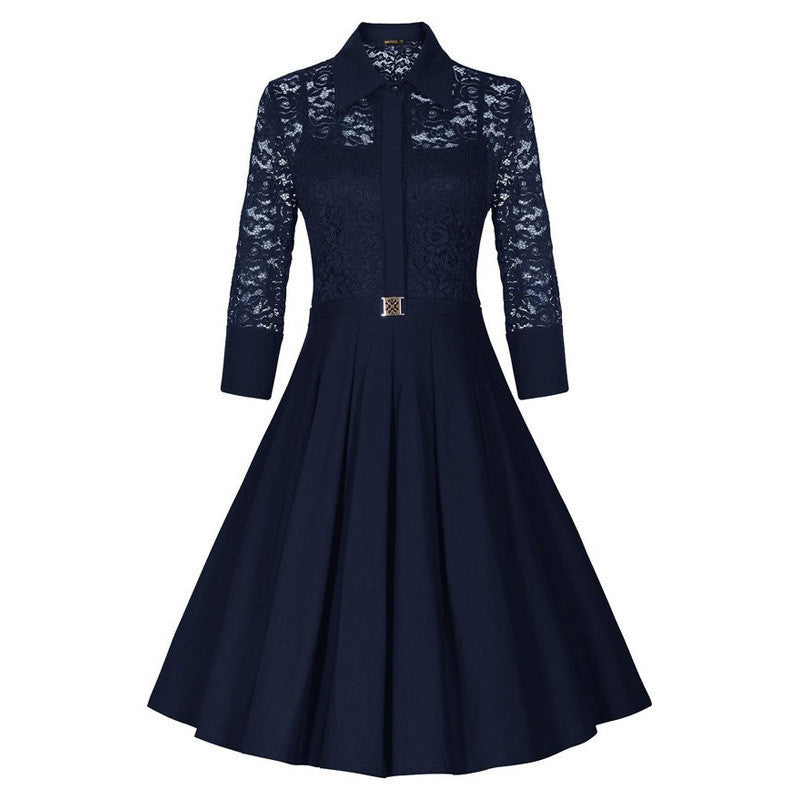 Fashion Lapel Hollow Out 3/4 Sleeve A-Line Knee-Length Dress