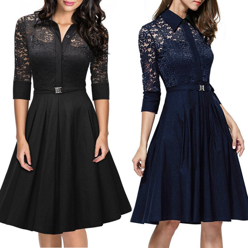 Fashion Lapel Hollow Out 3/4 Sleeve A-Line Knee-Length Dress