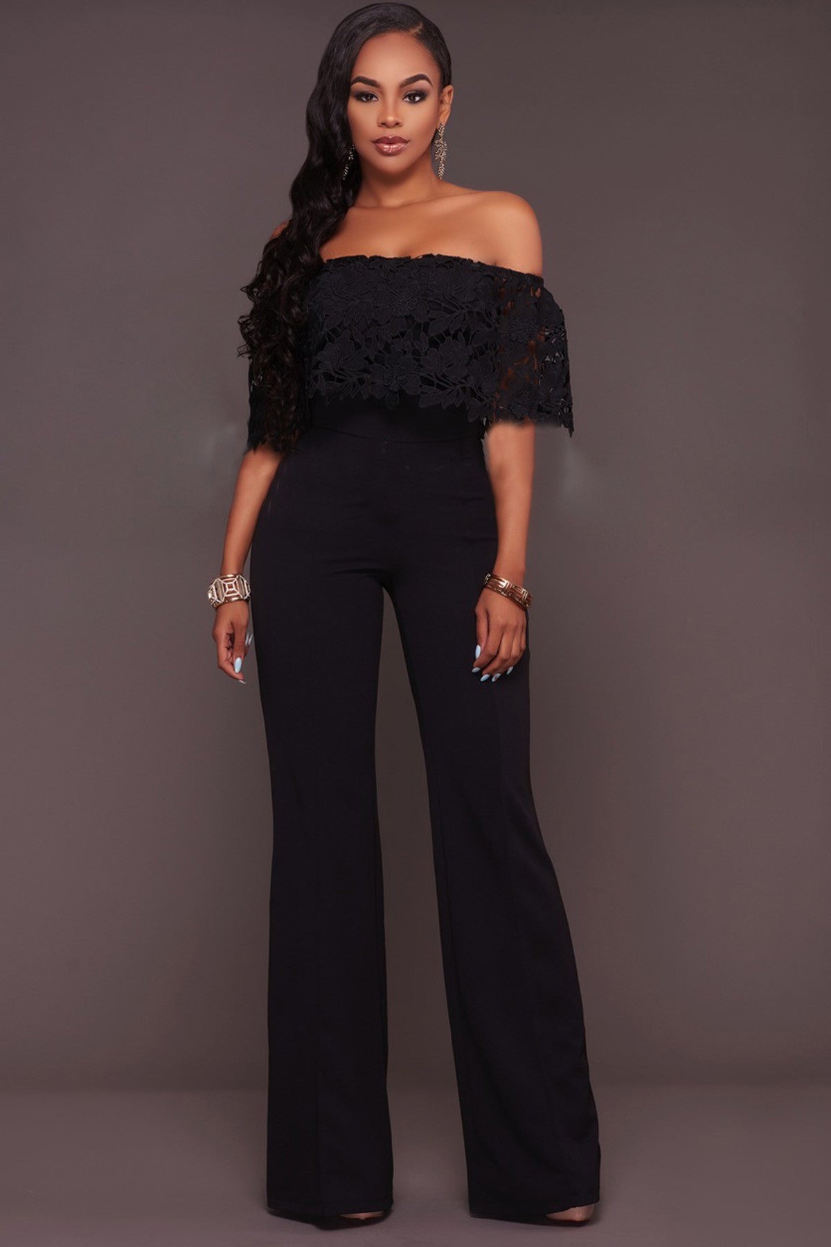 Off Shoulder Ruffles Sleeves Pure Color Long Jumpsuit