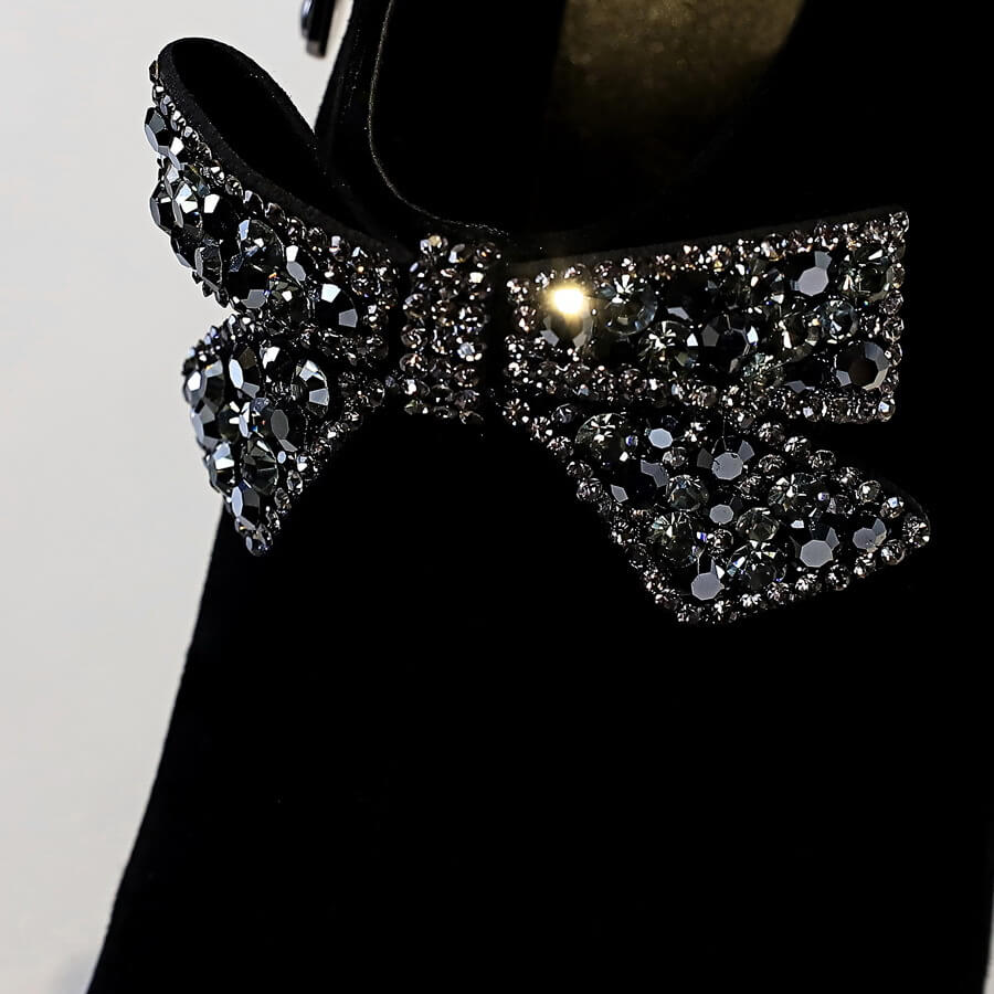 Suede Bow Rhinestone Point Toe High Heel Ankle Boots