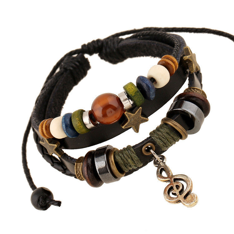 Alloy Note Star Beaded Leather Bracelet