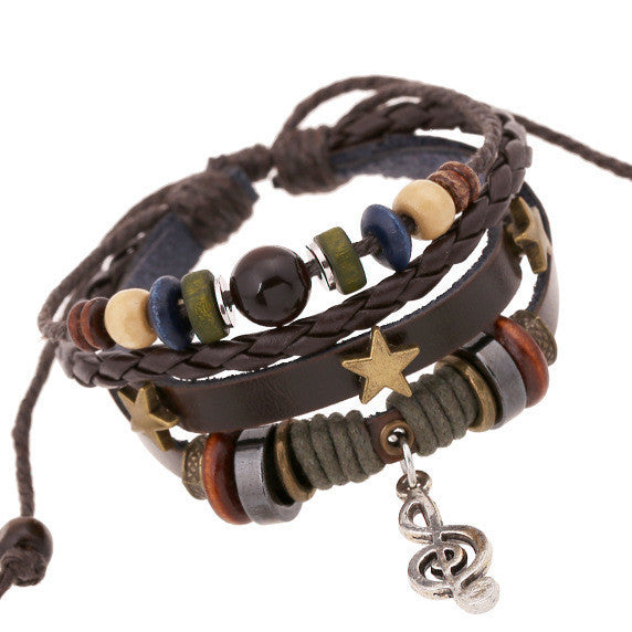 Alloy Note Star Beaded Leather Bracelet