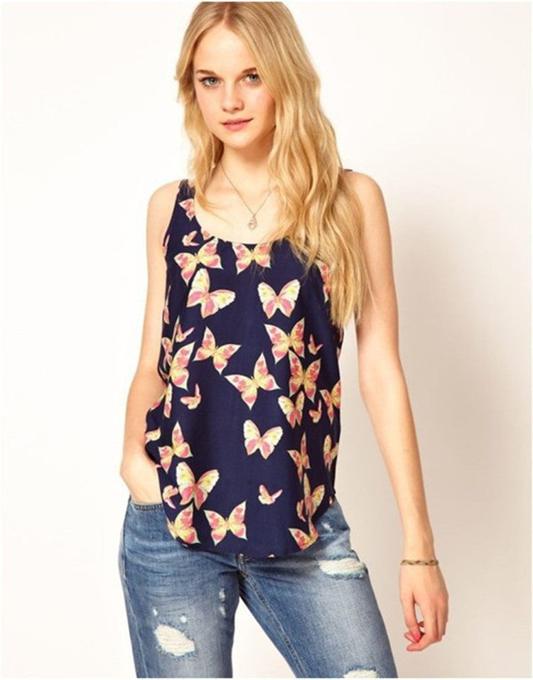 Scoop Sleeveless Flower Print Chiffon Straight Blouse - May Your Fashion - 4