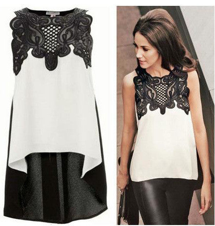 Lace Chiffon Patchwork Scoop Irregular Sleeveless Casual Blouse