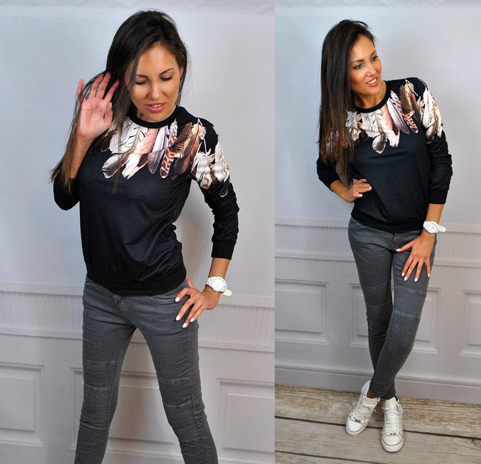 Three Colors Feather Flower Print Scoop Long Sleeves Sweatshirt 