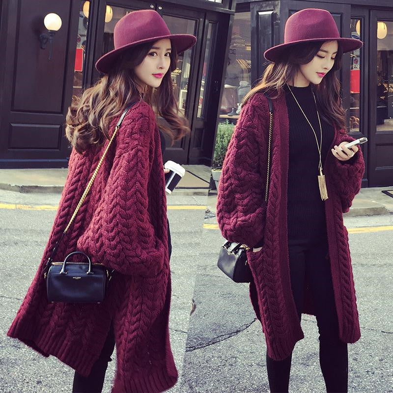 Batwing Cable Dropped Shoulder Long Split Solid Sweater - May Your Fashion - 2
