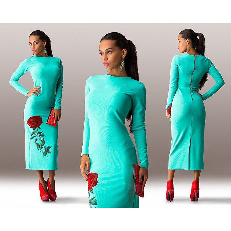 Rose Print Long Sleeve Back Zipper Bodycon Long Dress