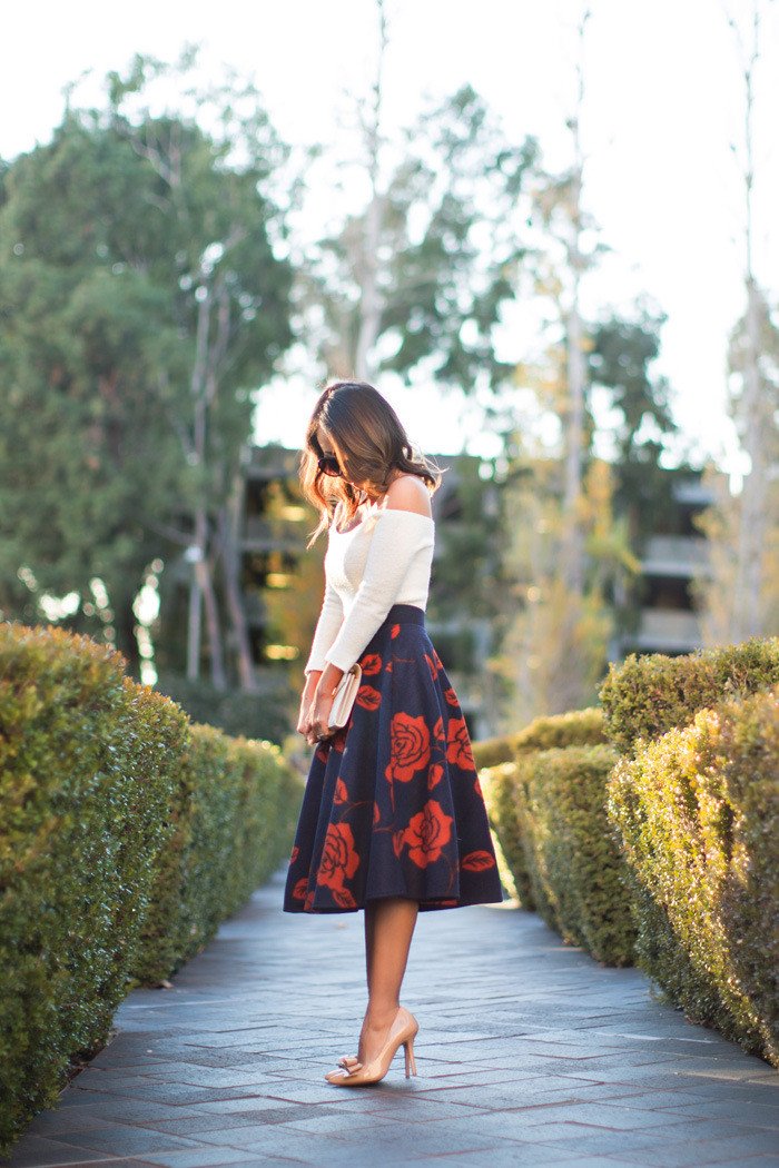 Fashion Rose Print High Waist Flared A-line Skirt