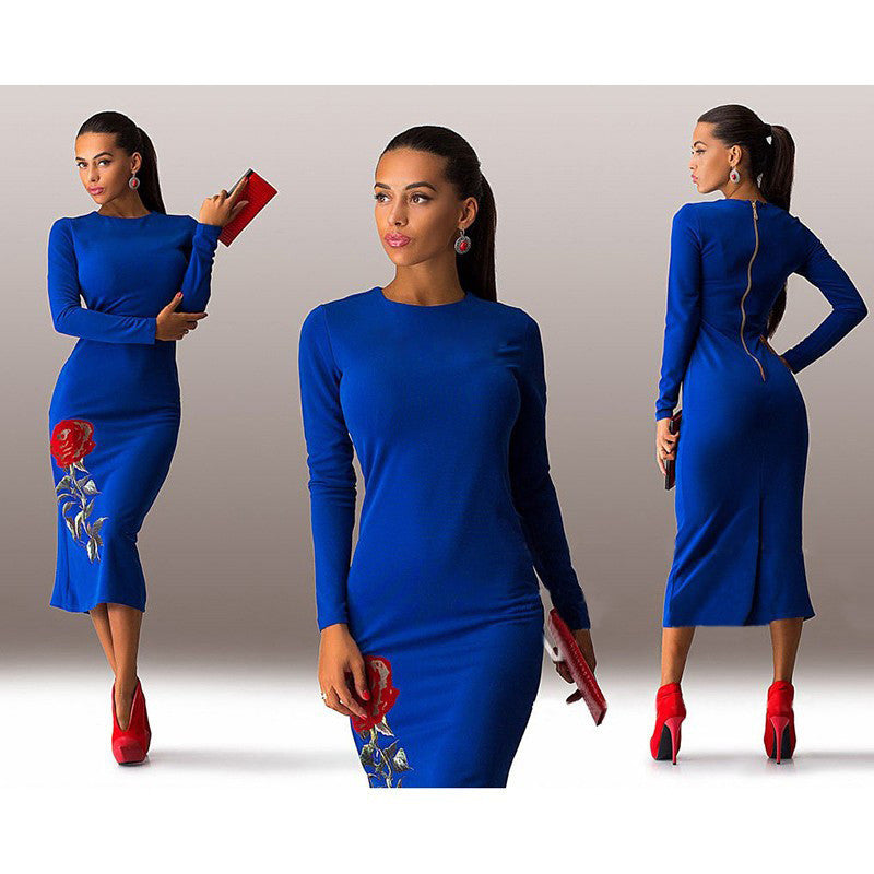 Rose Print Long Sleeve Back Zipper Bodycon Long Dress