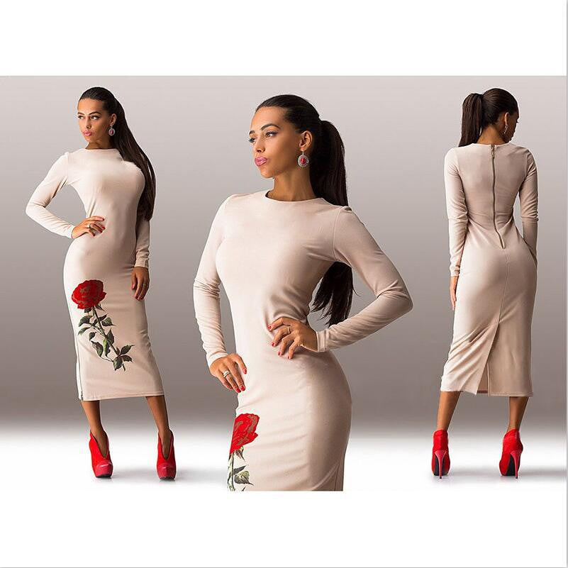 Rose Print Long Sleeve Back Zipper Bodycon Long Dress