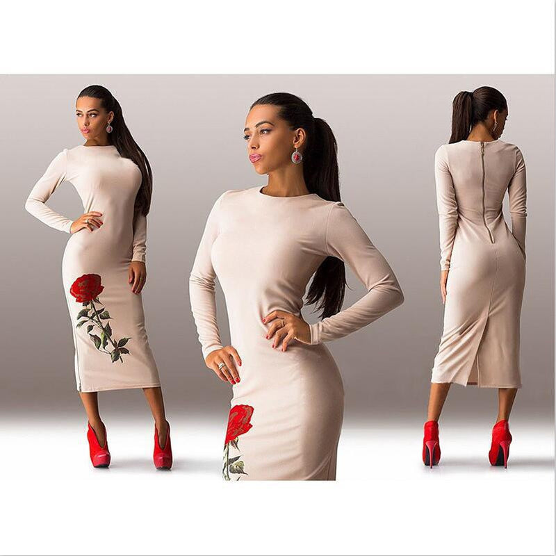 Rose Print Long Sleeve Back Zipper Bodycon Long Dress