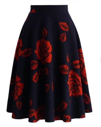 Fashion Rose Print High Waist Flared A-line Skirt