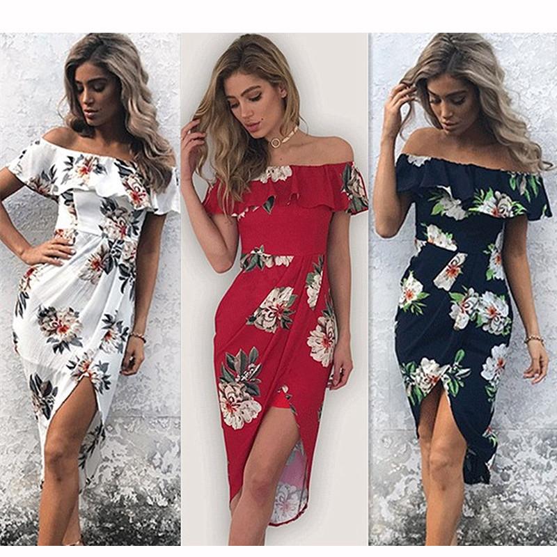 Floral Print Ruffle Off Shoulder Boat Neckline Irregular Short Dress