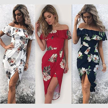 Floral Print Ruffle Off Shoulder Boat Neckline Irregular Short Dress