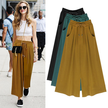 Drawstring Loose Wide Leg Casual Plus Size 9/10 Pants