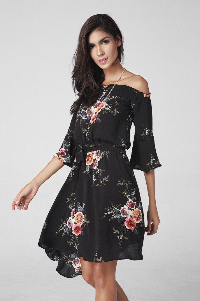 Off Shoulder Trumpet 3/4 Sleeves Irregular Flower Print Short Dress