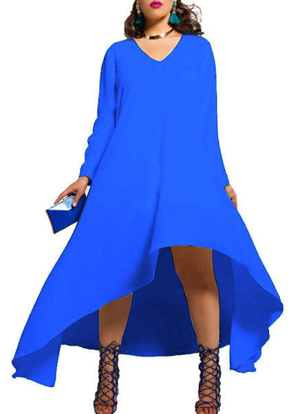 Sexy Plus Size V Neck Long Sleeve Irregular Long Dress