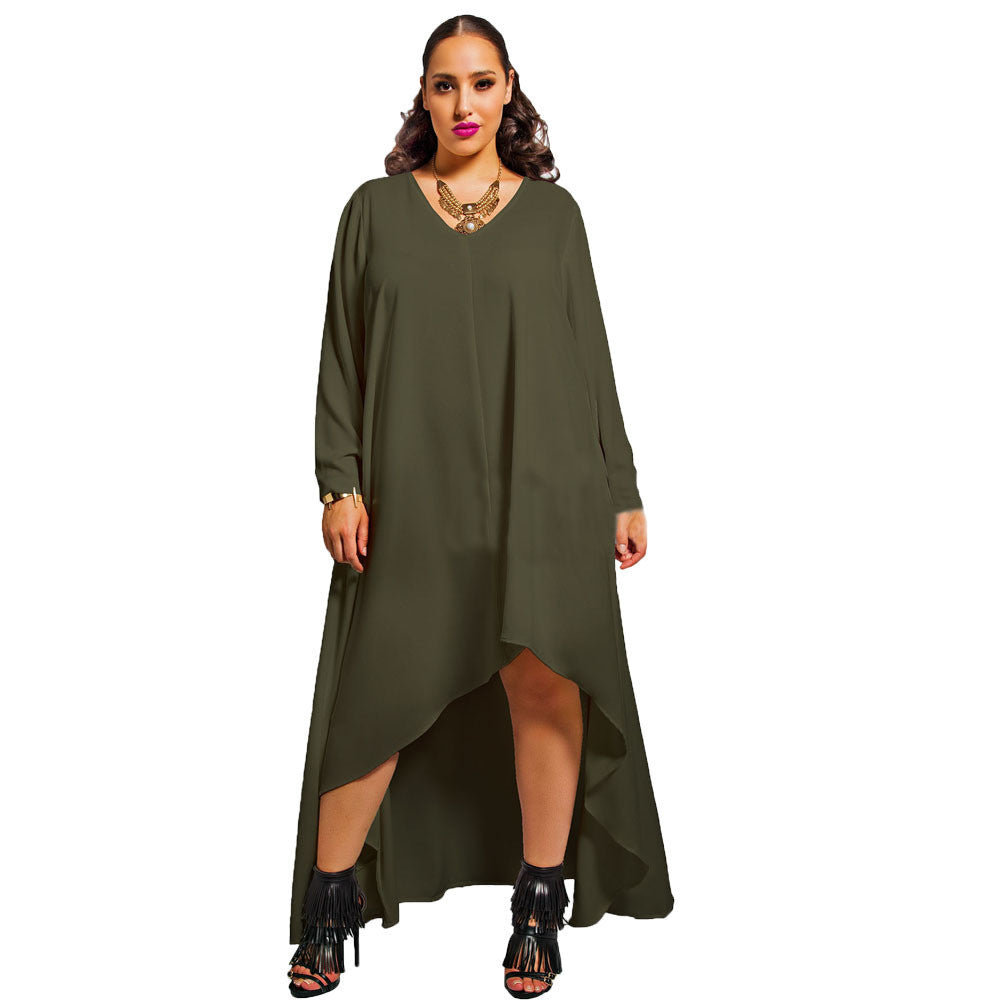 Sexy Plus Size V Neck Long Sleeve Irregular Long Dress