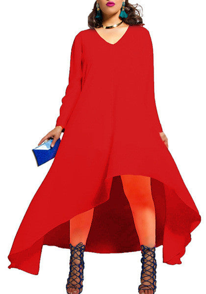 Sexy Plus Size V Neck Long Sleeve Irregular Long Dress