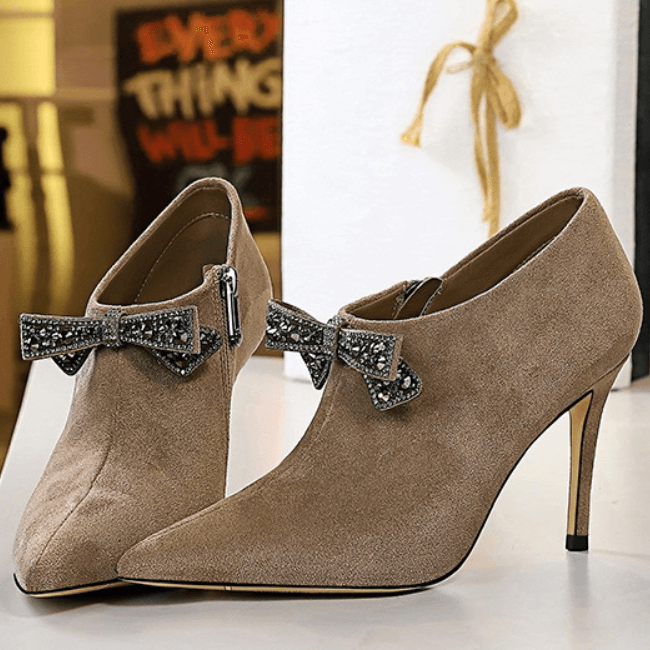 Suede Bow Rhinestone Point Toe High Heel Ankle Boots