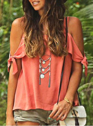 Off-shoulder Pure Color Casual Scoop Chiffon Blouse