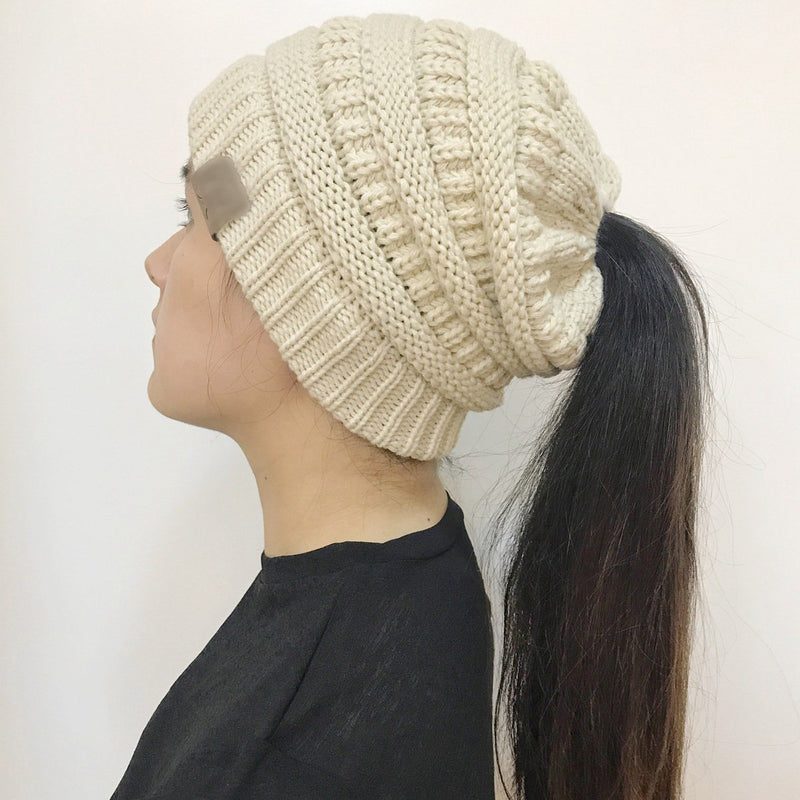 Women's Winter Outdoor Warm Wool Hat Empty Top Horsetail Knitted Hat