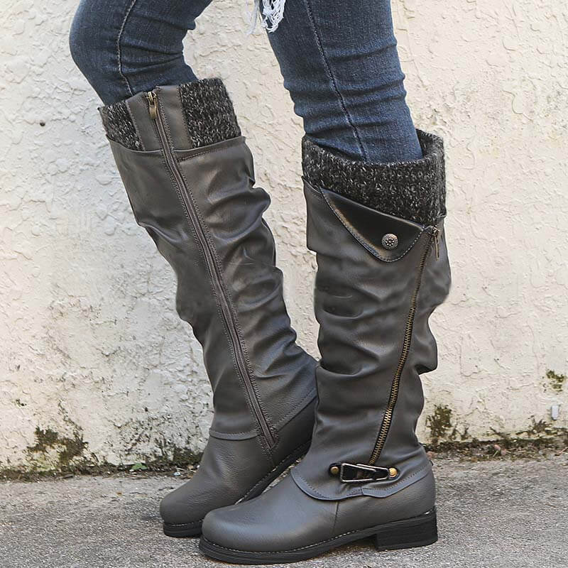 Knee High Leather Low Heel Boots
