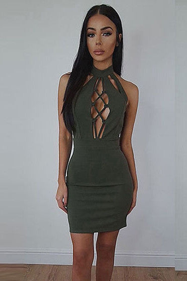 Pure Color High Neck Hollow Out Open Back Short Dress