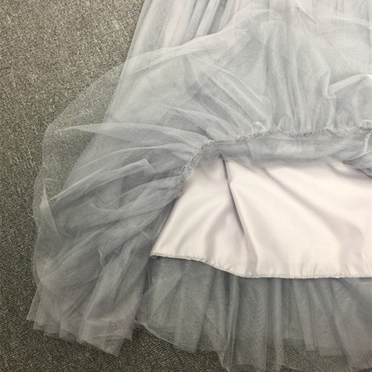 High Waist Pure Color Mesh Pleated Long Skirt