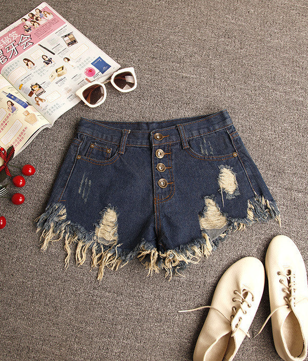 Ripped Tassel Rough Edges High Waist Slim Button Denim Shorts