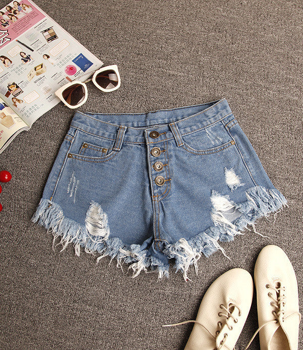 Ripped Tassel Rough Edges High Waist Slim Button Denim Shorts