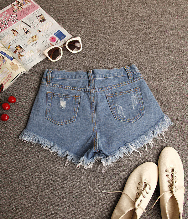 Ripped Tassel Rough Edges High Waist Slim Button Denim Shorts