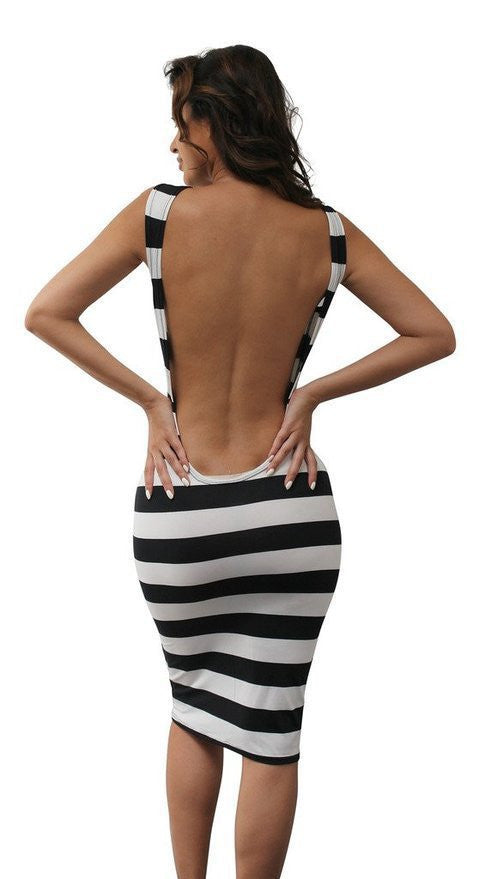 Scoop Backless Sleeveless Bodycon Striped Knee-length Dress