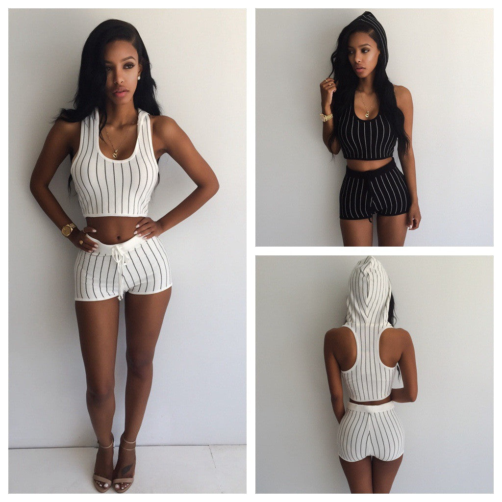 U-shape Collar Hooded Vest With Shorts Striped Activewear Set