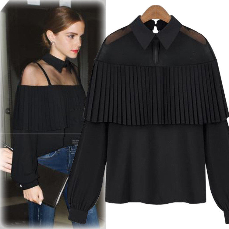 Gauze Chiffon Patchwork Turn-down Collar Long Sleeves Blouse