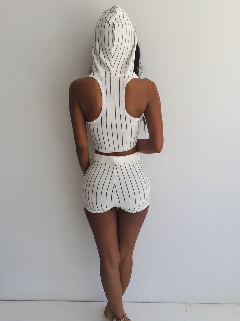 U-shape Collar Hooded Vest With Shorts Striped Activewear Set