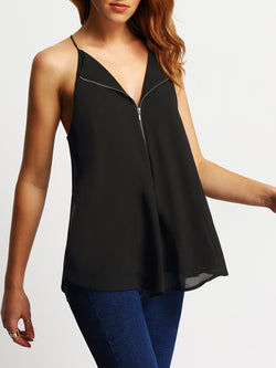 Zipper Spaghetti Strap Chiffon Casual Falbala Sleeveless Blouse