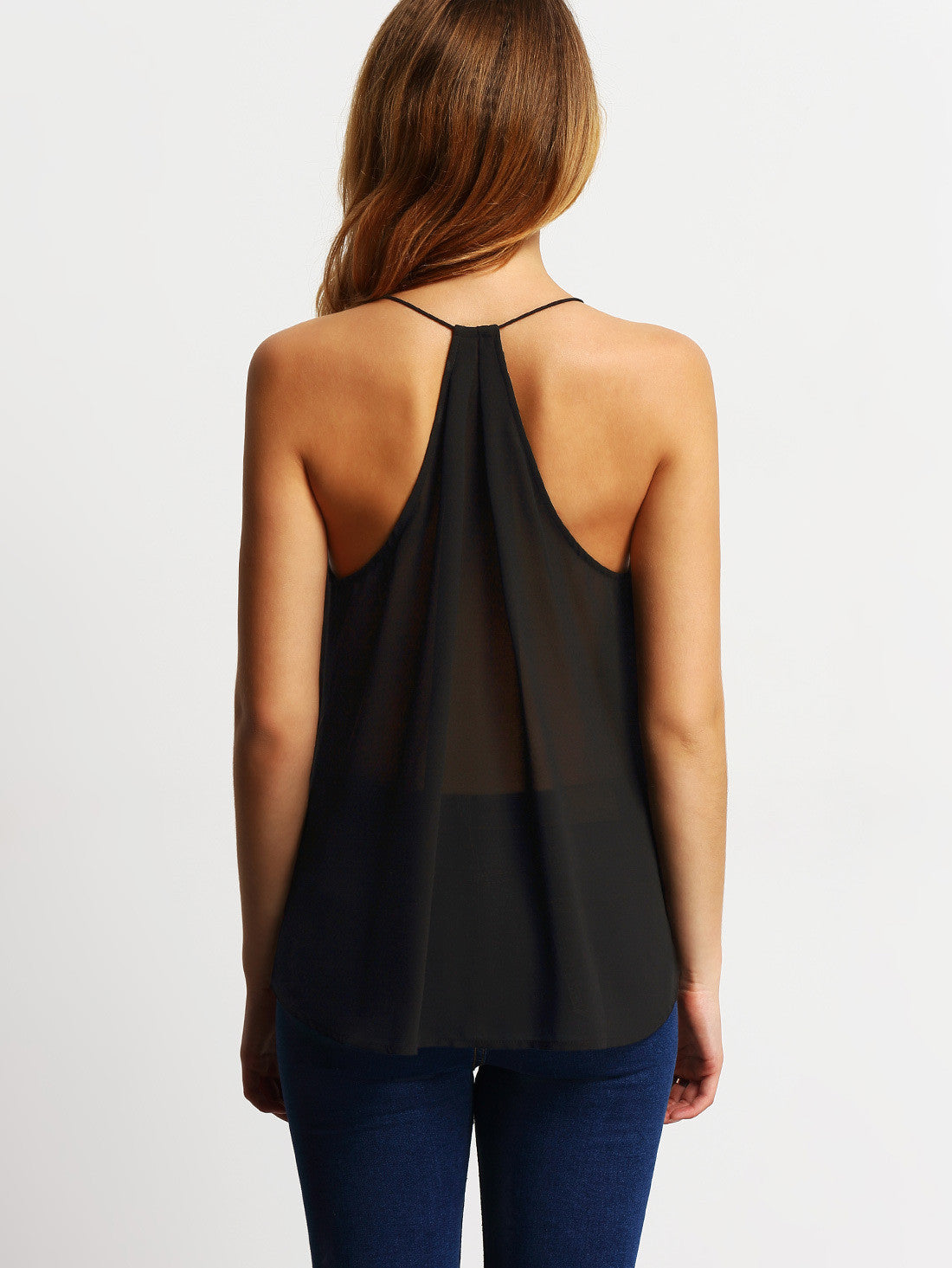 Zipper Spaghetti Strap Chiffon Casual Falbala Sleeveless Blouse