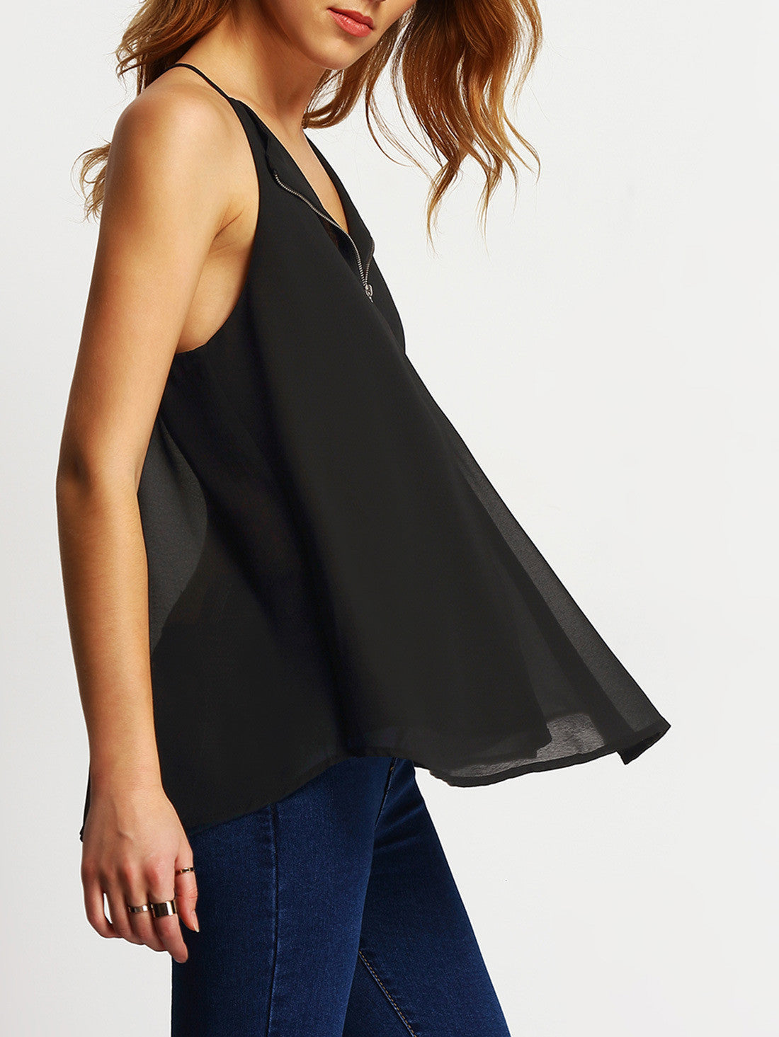 Zipper Spaghetti Strap Chiffon Casual Falbala Sleeveless Blouse