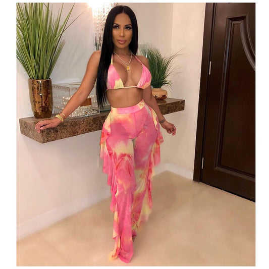Spaghetti Straps Crop Top Ruffle Pencil Pants Set