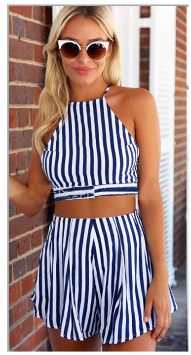 Strap Backless Crop Top Wide Leg Shorts Stripe Two Pieces Set 
