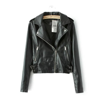 Lapel Zipper Rivet Pockets Crop PU Jacket - May Your Fashion - 1