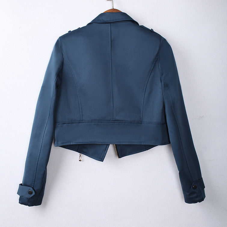 Lapel Rivet Zipper Solid Long Sleeves Short Coat - May Your Fashion - 4